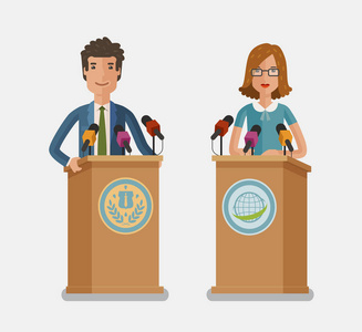 演说家在讲坛上发言.新闻发布会, 面试的概念.矢量平面图照片