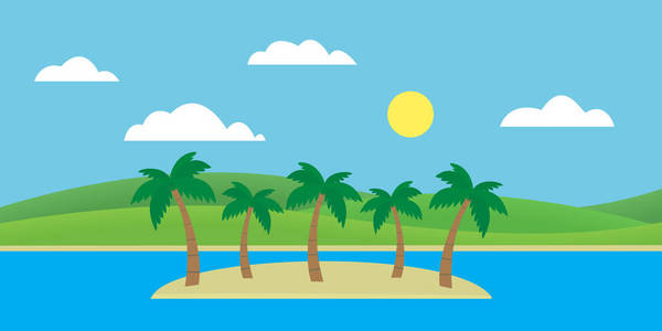 热带海岛在海与沙子海滩和棕榈树在蓝天下与云彩和太阳媒介, 平的设计