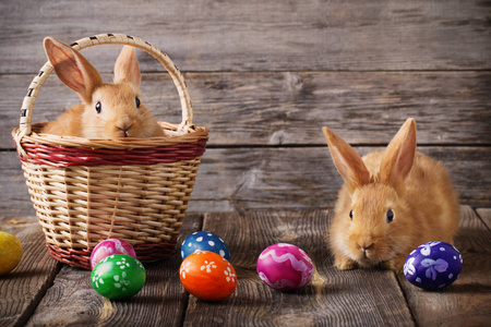 复活节兔子与鸡蛋木制背景