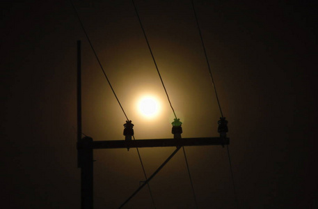 夜间全月背景的电线杆和电缆图片