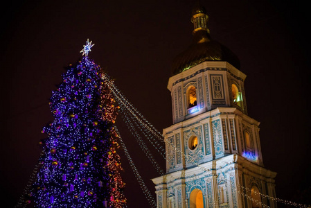 在基辅, 夜晚在户外的圣诞树。索菲亚猫