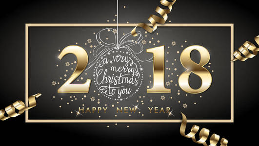 2018向量快乐的新年背景与黄金蛇纹石, 用手绘圣诞球。新年贺卡。矢量绘图