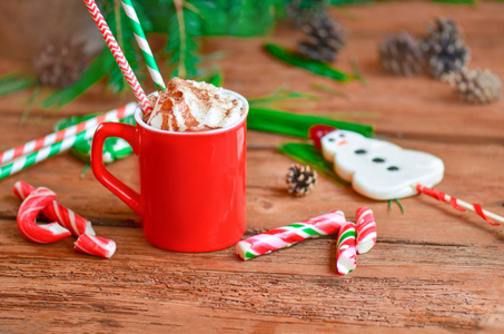 热巧克力加奶油自制薄荷热巧克力杯热可可糖手杖和丰富多彩的装饰品