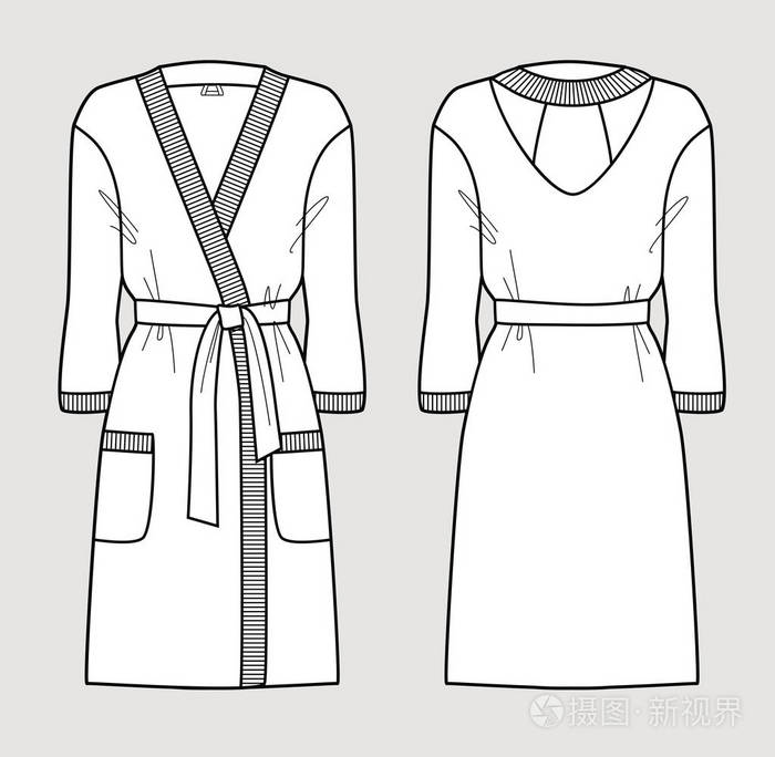 女士用的白色浴衣矢量插图正面和背面视图
