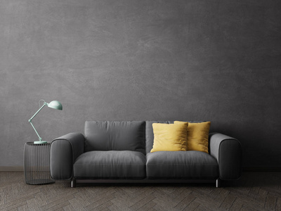 现代客厅与沙发, 枕头和灯在斯堪的纳维亚室内设计