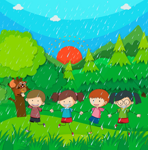 在公园里和孩子们一起下雨的场面