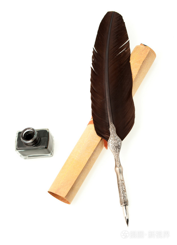 羽毛羽毛羽毛羽毛笔墨水瓶和羊皮卷