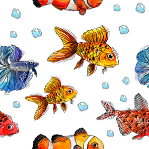 金鱼彩色玻璃窗的轮廓图, 框架中的圆形图像, 白色背景上的深色轮廓