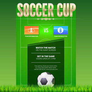 足球赛事海报设计与绿色足球游戏领域。文本设计和地点为参加者的徽章。3d 插图, 海报模板, 事件的打印设计
