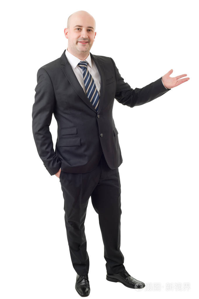 在欢迎的手势孤立的手臂的商人