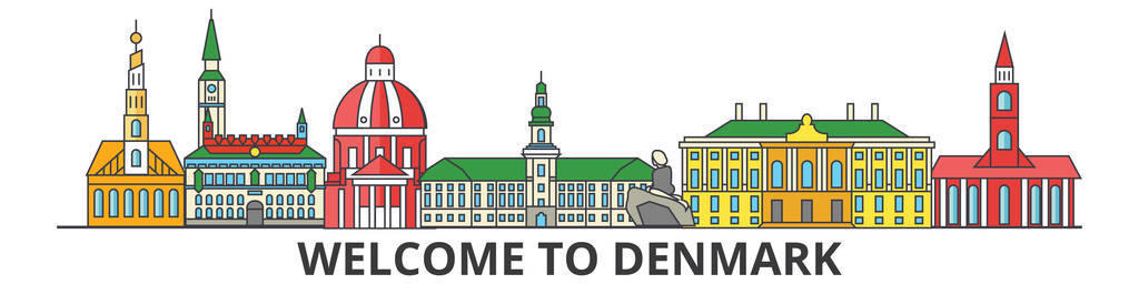 丹麦轮廓地平线, 丹麦平面细线图标, 地标, 插图。丹麦风景, 丹麦旅游城市矢量横幅。城市剪影