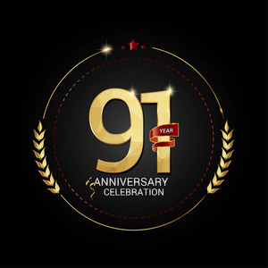 91年金周年纪念标志与红色丝带, 低聚设计数字, 媒介例证在黑背景照片