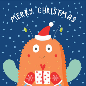 手绘圣诞贺卡与可爱有趣的怪物在圣帽与礼物