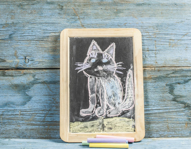 五颜六色的手画黑板上的粉笔: 滑稽的猫照片