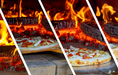 照片拼贴画背后的火焰在柴烤箱特写比萨饼