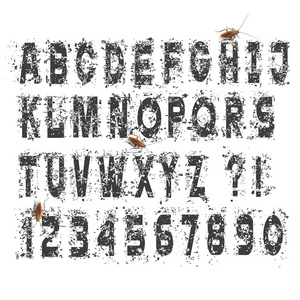 肮脏的字母和数字, 矢量设置。划伤纹理字母字体。复古排版矢量