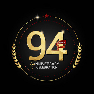 94年金周年纪念标志与红色丝带, 低聚设计数字, 媒介例证在黑背景照片