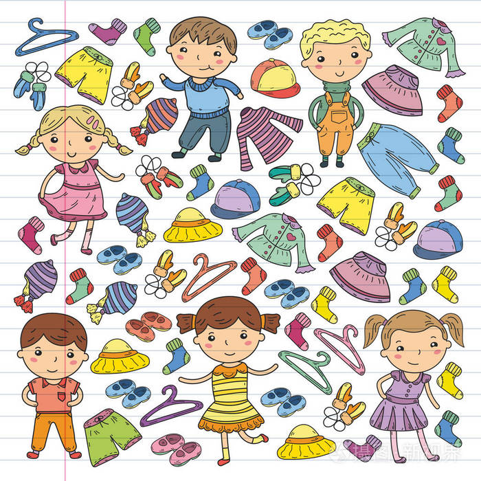 一套童装.矢量图标.幼儿园.幼儿园.工作.学校的衣服夏季服装.