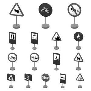 不同类型的道路标志在集合中的单色图标设计。警告和禁止标志矢量符号股票网站插图