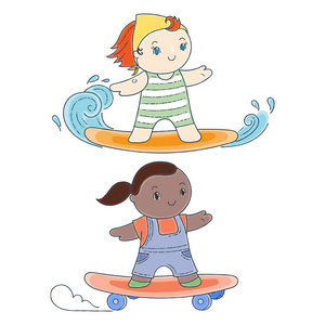 孩子们在冲浪板和滑板上的插图