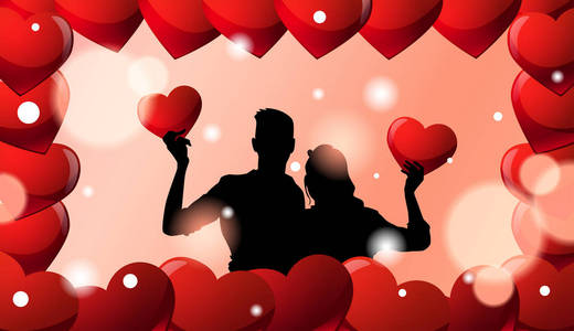 黑色剪影情侣拥抱过情人节背景在红心框