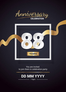 88周年纪念 Logo 庆祝和邀请卡与金丝带。暗背景下的矢量插图