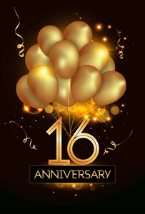 16周年纪念标志庆祝与金黄气球和五彩纸屑, 媒介例证在黑暗的背景照片