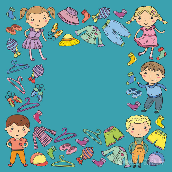 一套童装.矢量图标.幼儿园.幼儿园.工作.学校的衣服夏季服装.儿童商店