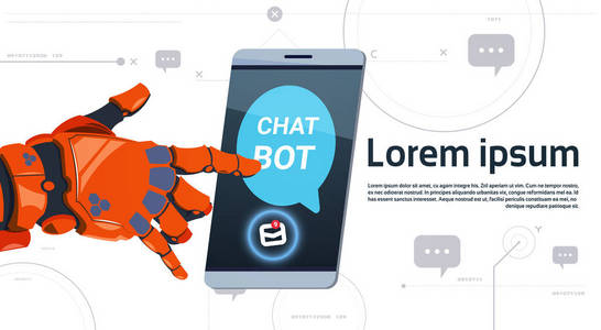 聊天 Bot 服务应用程序概念机器人手触摸智能手机模板横幅与复制空间, Chatterbot 技术支持技术理念