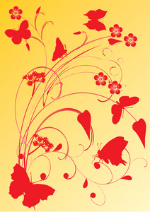红色和黄色的插图与蝴蝶