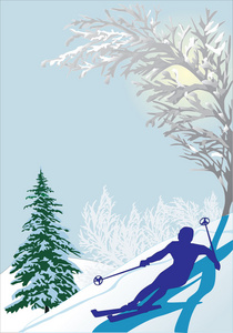 在雪森林滑雪运动员剪影