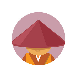 亚洲男子在稻草圆锥帽和传统服装越南男性头像图标的肖像照片