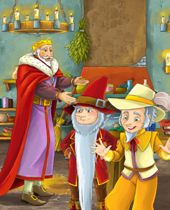 卡通场景与快乐的国王站在厨房, 并与一个小矮人的儿童插画谈话