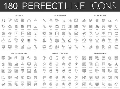 180 现代细线图标设置的学校 文具 教育 在线学习，大脑过程，数据科学
