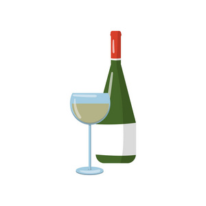 瓶和玻璃的白葡萄酒卡通矢量插图照片