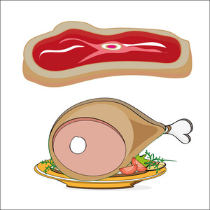 火腿小腿卡通肉牛排和小腿上一盘沙拉照片