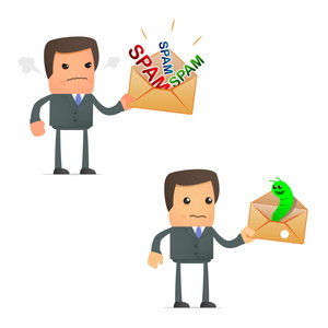 发送电脑病毒卡通商人对垃圾邮件和病毒感到愤怒照片