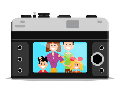 老式复古相机回来与幸福的家庭肖像。矢量平面设计卡通