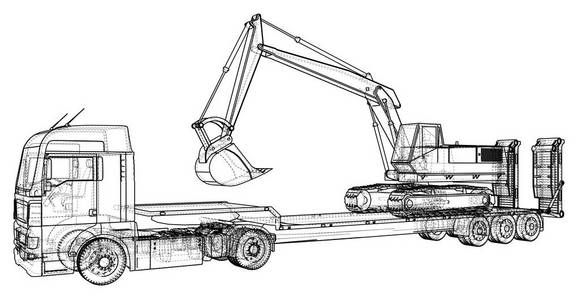 低拖车低床卡车拖车和挖掘机.线框.eps10 格式.创建的 3d 矢量照片