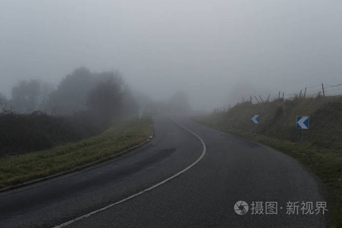 雾沥青弯曲的道路穿过森林.在法国诺曼底地区能见度低的天气.