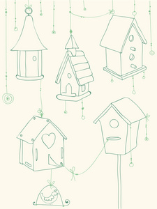 贺卡与鸟和鸟的房子设计的涂鸦
