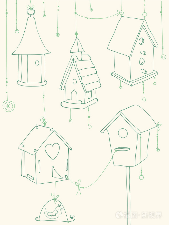 贺卡与鸟和鸟的房子设计的涂鸦-插画-正版商用图片030idk-摄图新视界