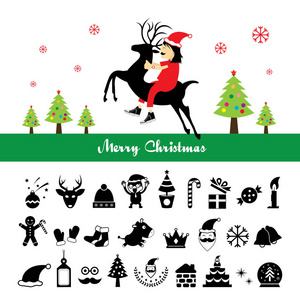 男子在圣诞老人的服装鹿和圣诞快乐的图标集