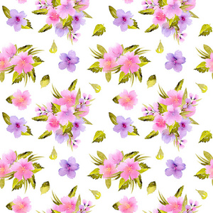 水彩粉红色, 紫色花和绿叶花束无缝图案