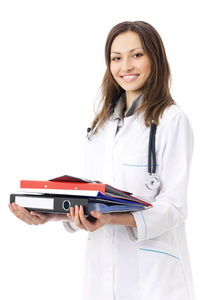快乐的女医生或护士与文件夹隔离白色