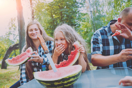 家庭与孩子吃西瓜在绿色夏天公园