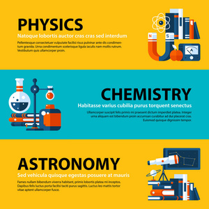 一套三网络横幅关于教育和大学主题的平面插画风格在丰富多彩的背景。物理化学和天文学