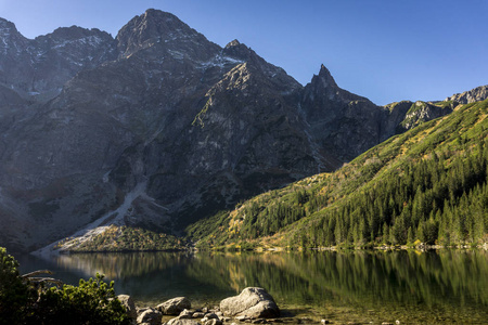 波兰 Tatra 山脉。Morskie 湖开元秋