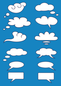 白色的想法云在蓝天背景下, 对话框, 聊天气泡, 矢量