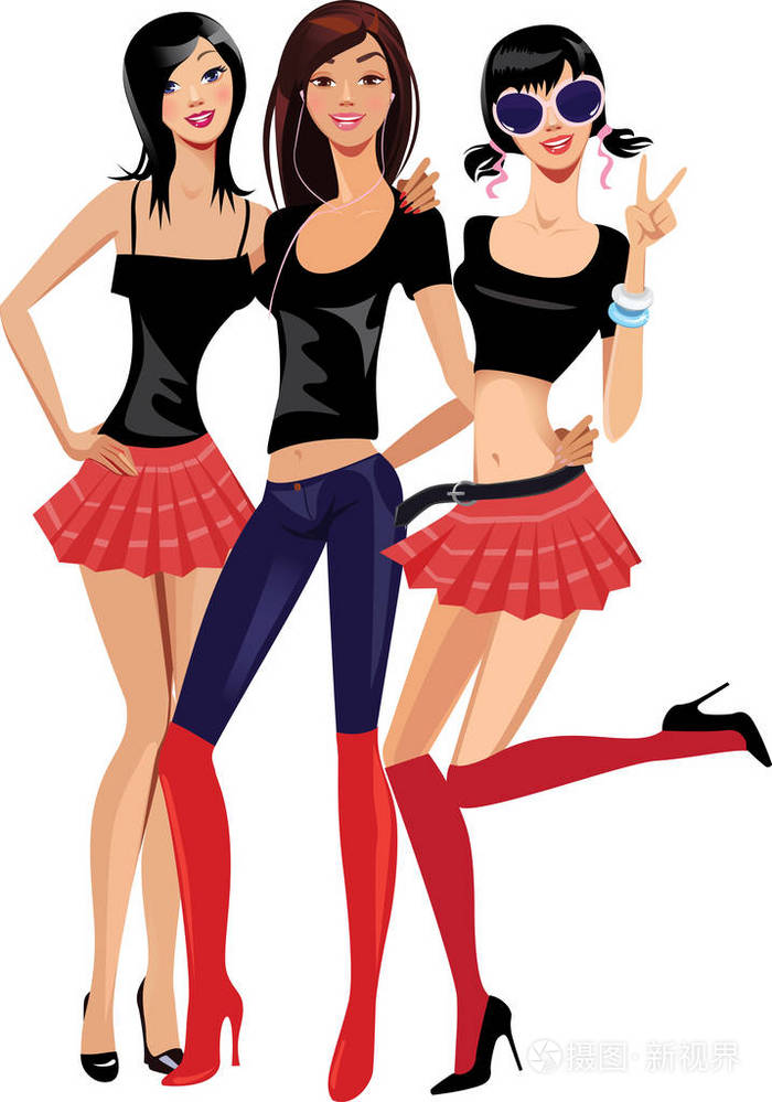 时尚的女朋友,三个可爱的女孩,美丽的时尚女性
